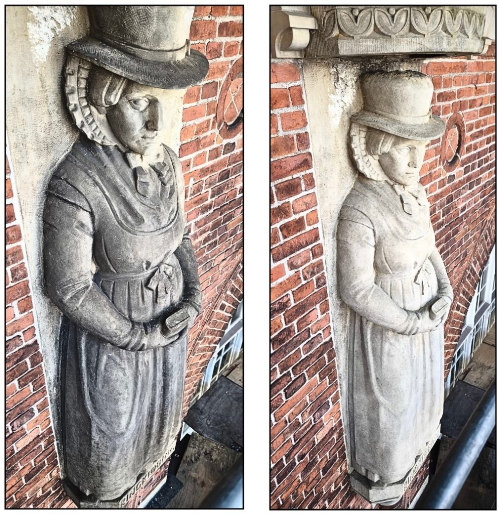 Før og efter billede af en historisk sandstensskulptur af en kvinde i nationaldragt på Københavns Hovedbanegård, der er blevet renset for sort sod med laser.