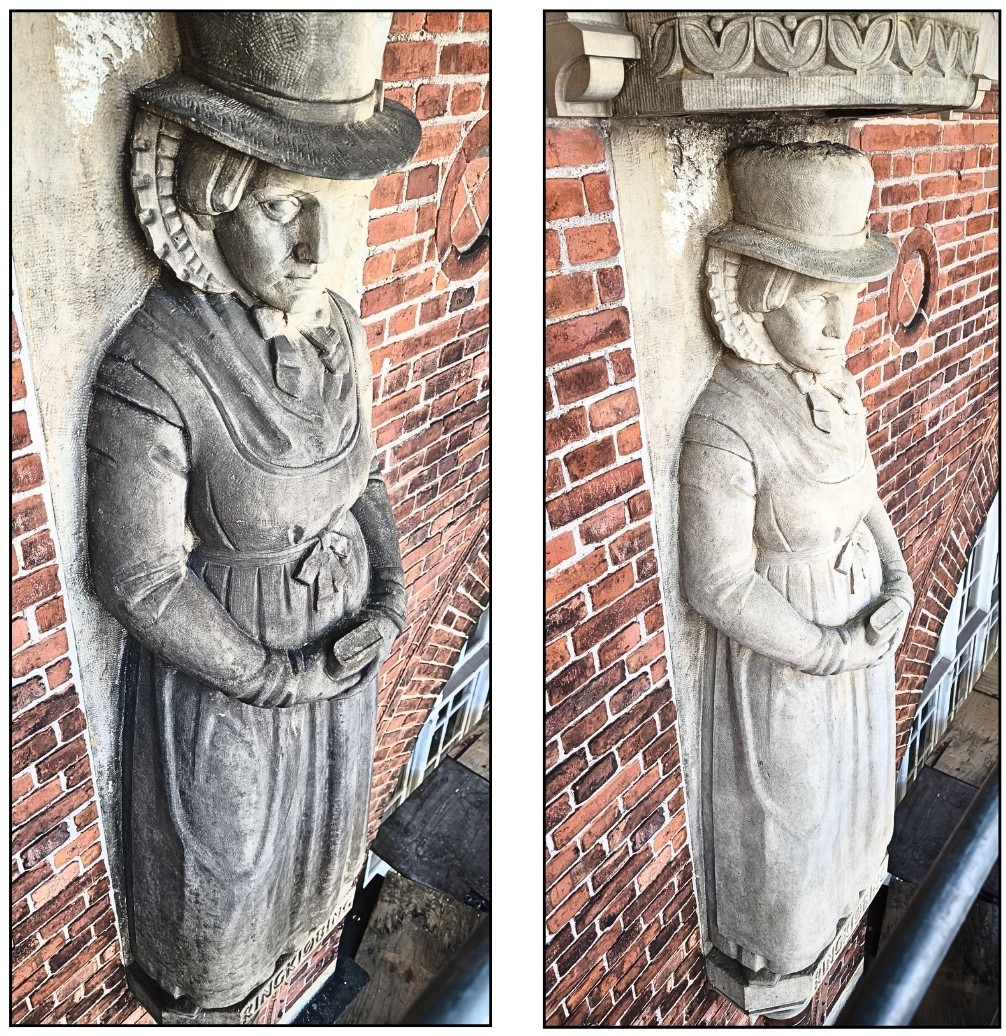 Før og efter billede af en historisk sandstensskulptur af en kvinde i nationaldragt på Københavns Hovedbanegård, der er blevet renset for sort sod med laser.