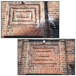 Nærbillede af graffiti-fjernelse med laser på en kulturejendom fra 1914. Skånsom afrensning af røde mursten, hvor den originale patiner og fuge bevares uden kemi.