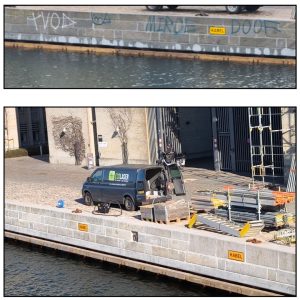 Før og efter graffitirens ved kanalen på Christianshavn. Miljøvenlig laserafrensning af stenkanter direkte ved vandet uden brug af kemikalier eller vandudledning.