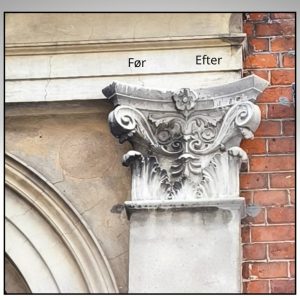 Nærbillede af historisk facadeornamentik på fredet bygning, hvor højre side er renset for sod og snavs med skånsom laser-teknologi, mens venstre side er urenset.